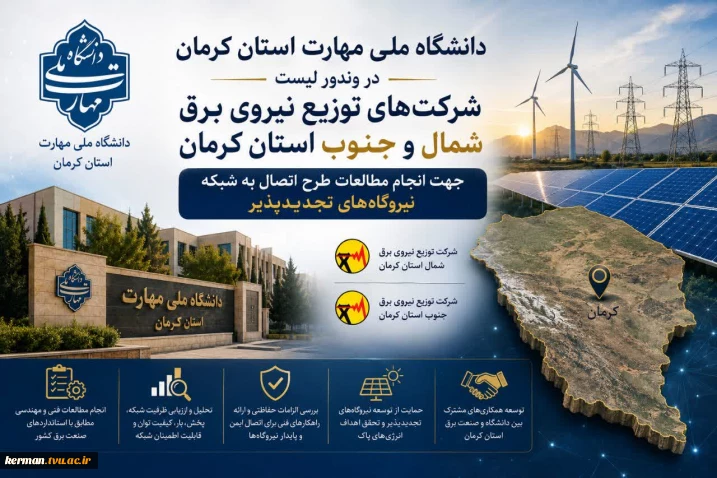 رئیس دانشگاه ملی مهارت واحد استانی کرمان خبر داد؛
قرار گرفتن دانشگاه ملی مهارت واحد استانی کرمان در وندور لیست شرکت‌ها و دانشگاه های دارای صلاحیت، جهت انجام مطالعات اتصال نیروگاه‌های تجدیدپذیر ( انرژی های نو ) به شبکه برق